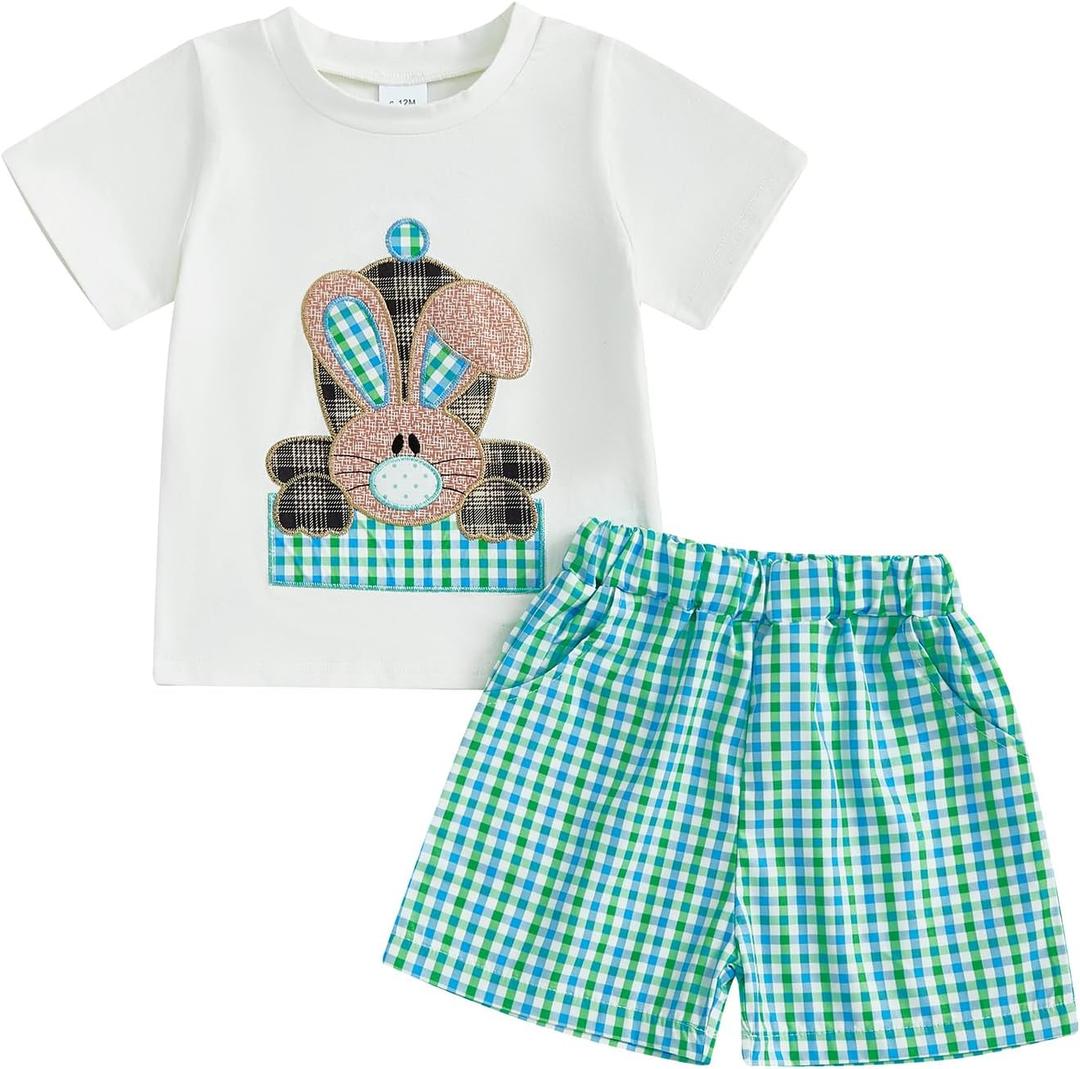 Boys 4th Of July Outfit Flag Print T-shirt Plaid Shorts