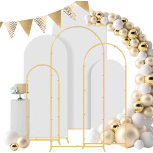 Wedding Arch Backdrop Stand Set of 3, (4, 5, 6)Metal Arch Backdrop Stand with Wedding Arch Cover, Wedding Balloon Arch Backdrop Stand for Birthday, Baby Shower, Anniversary, Graduation Decoration. (Stand+Cover+White, 4FT+5FT+6FT)