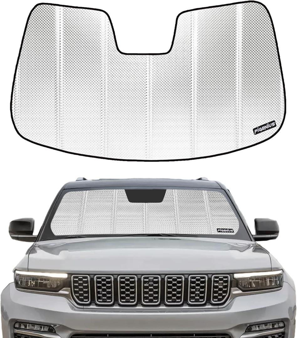 B Pigenius Windshield Sun Shade for Jeep Grand Cherokee 2022-2025. Reflective Aluminum Film Front Window Sunshade - BLAZBLOCK (Classic Shiny Silver)