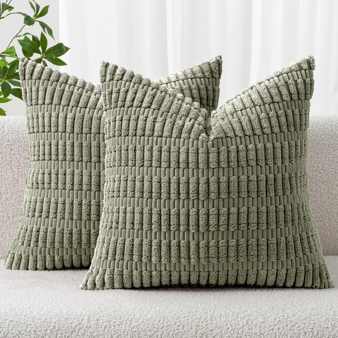 MIULEE Pack of 2 Corduroy Decorative Throw Pillow Covers 20x20 Inch Soft Boho Striped Pillow Covers Modern Farmhouse Home Decor for Summer Sofa Living Room Couch Bed Light Olive Green