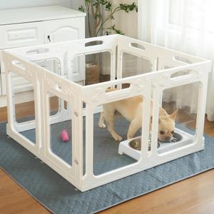 Clear Acrylic Dog Playpen with Door for Puppies & Small Dogs, 8 Panels, White