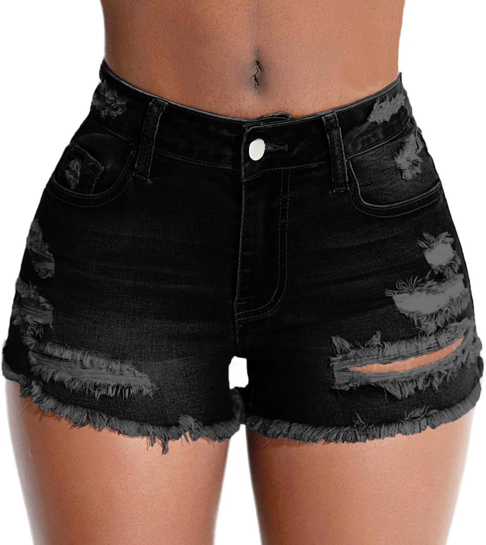 Women's Stretch Ripped Denim Shorts Mid Waist Casual Frayed Raw Hem Distressed Jean Shorts (X-Large, Black)