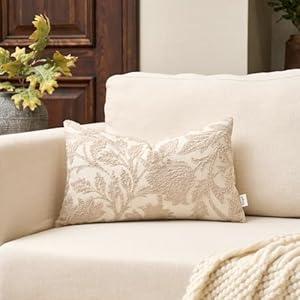Yangest Chenille Floral Pillow Cover 12 x 20 Inches, Neutral Jacquard Rectangle Throw Pillow Cover Soft Decorative Nature Accent Couch Pillow Cover for Living Room Bedroom, Beige