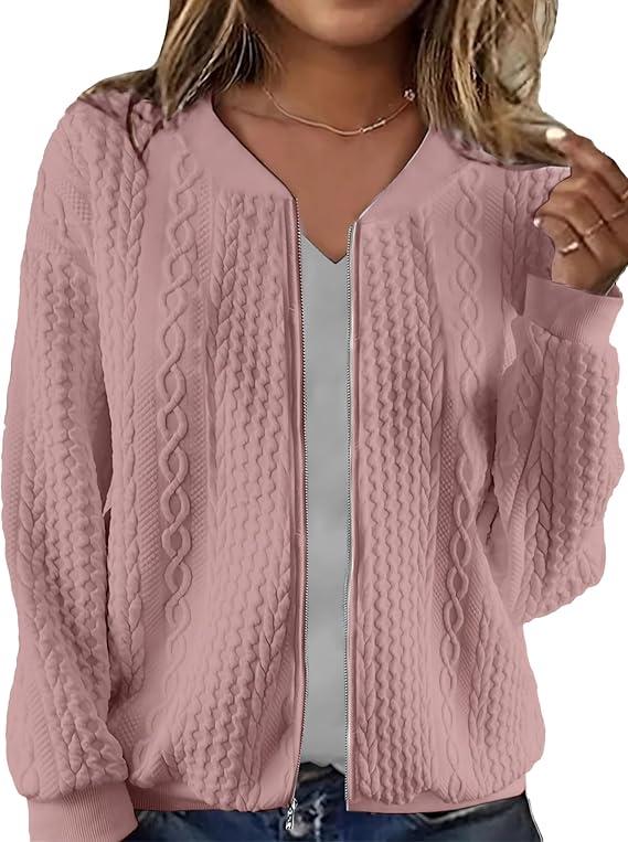 Women's Zip Up Cardigan Sweater Cable Knit Long Sleeve Crewneck Jackets Coat Lightweight Fall Casual Fashion Clothes