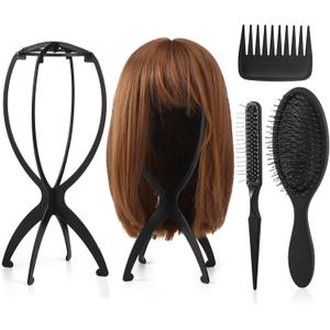 2 Pack Wig Head Stand with 3 PCS Wig Brush Comb, Travel Wig Holder Comb Set for for Women Multiple Wigs (Black)