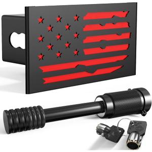 Heavy Duty Hollow Out American Flag Metal Trailer Hitch Cover for 2-inch Receiver (with 5/8-inch Pin Dia Anti-Theft Hitch Lock, Black&Red)
