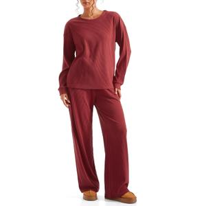 SUUKSESS Women Ribbed Lounge Sets Long Sleeve Pajama Two Piece Sets with Pockets (Red, XL)