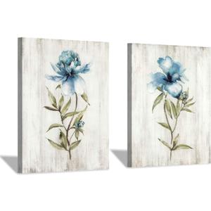 Blue Flower Canvas Wall Art: Botanical Floral Artwork Wildflower Picture Painting for Bedroom (24'' x 18'' x 2 Panels) (18" x 24" x 2 Panels, Flower picture)