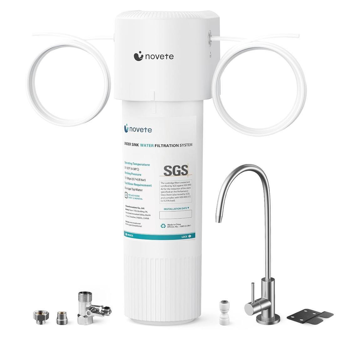 NOVETE Under Sink Water Filter, 3-Years, 30000 Gallons, Reduce 99.5% Chlorine, PFAS, Bad Taste, NSF/ANSI 42/372, Water Filtration System with Stainless Faucet, USA Tech, Do Not Reduce TDS, UWF0A-KPC (White)