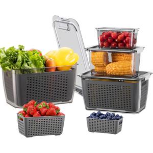 LUXEAR 4 Pack Fruit Containers for Fridge, Vegetable Storage Container with Lids &Removable Colander Produce Saver Organizer for Refrigerator Keep Fruit, Veggie, Berry, Meat Fresh Longer-Grey