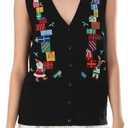 Women Christmas Knit Vest Button Down V Neck Sweater Vest Sequin Embroidered Sleeveless Cardigan Xmas Clothes, L