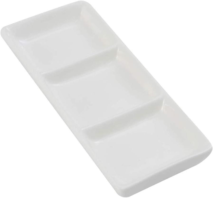 esowemsn 1PC Mini White Ceramic Rectangular 3 Compartment Appetizer Serving Tray Divided Spices Vinegar Nuts Snack Sauce Dishes for Home Kitchen Restaurant (Small)