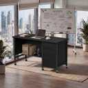 Rolling Teacher Desk with File Drawer & Privacy Panel, 47" Mobile Computer Desk with 3 Storage Drawers on Wheels, Modern Office Desks with File Cabinet for Classroom & Home Office, Black, 46.6"