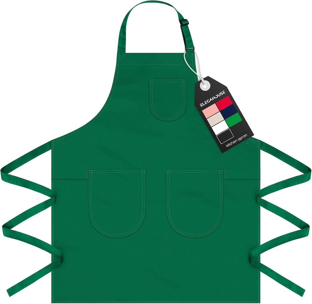Unisex Apron with Pockets for Cooking, Salon & Art - 100% Cotton Adult Kitchen, Chef, Stylist Apron (Green)