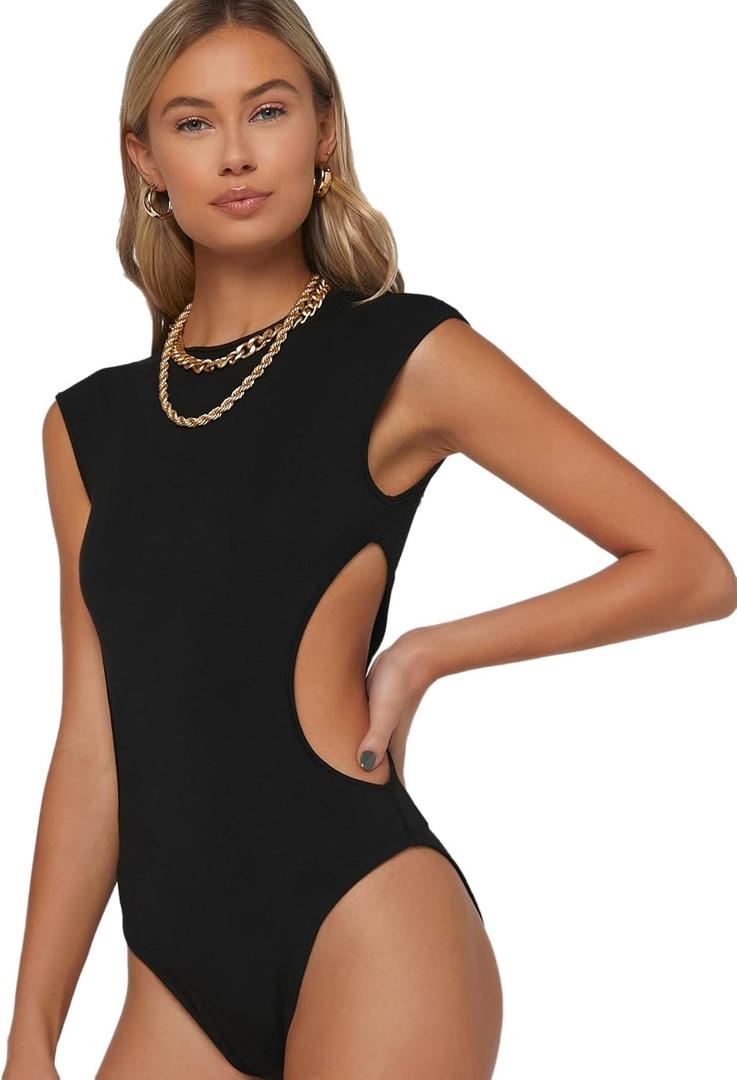 Verdusa Women's Cut Out Round Neck Sleeveless Bodycon Leotard Top Bodysuits Black Solid, Size: M