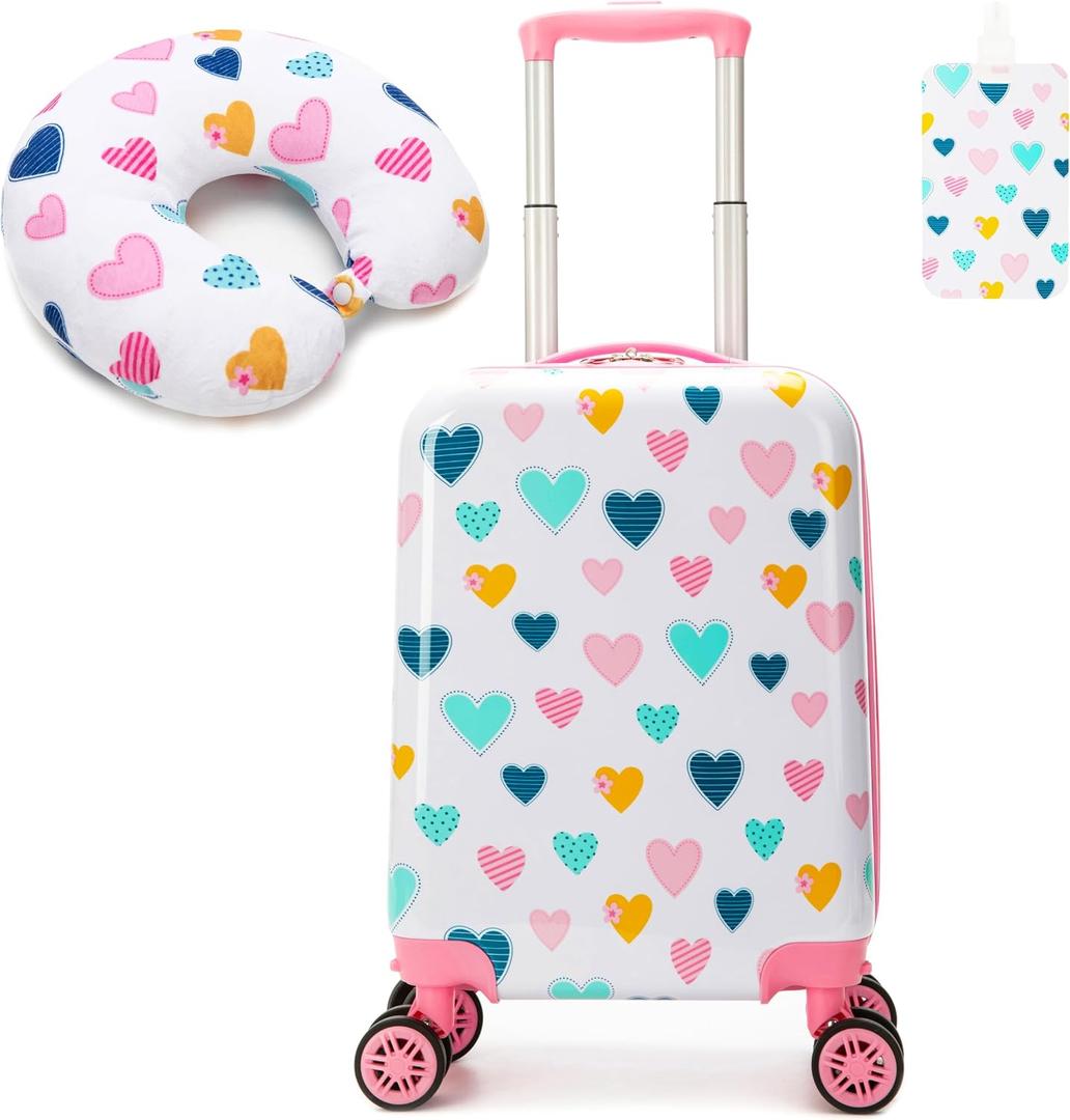 Kid's Luggage Set 2 Piece Suitcase Set Hardside Luggage with Spinner Wheels Girls Carry on Toddler Travel Rolling Suitcase with Neck Pillow Airline Approved