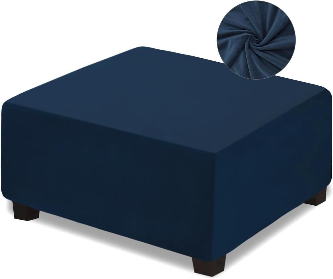 NeColorLife Velvet Ottoman Cover Storage Ottoman Slipcover Thick Stretchable Footrest Stool Covers with Elastic Band for Rectangle and Square Ottoman (Medium Size,Navy Blue) (M Length: 31"-34",Width: 31"-43")