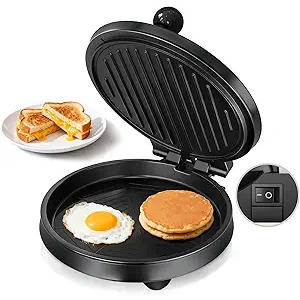 3in1 Electric Griddle & Panini Press  CACHOO 8" Nonstick Round Griddle and Sandwich Press with On/Off Switch, 180° Open Design, Perfect for Pancakes, Omelettes, Quesadillas, Veggies (Black)