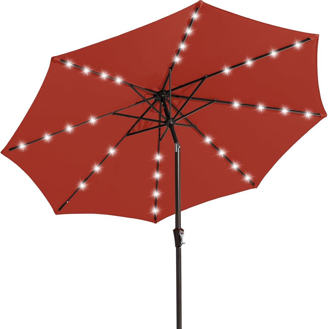 JEAREY 9FT Outdoor Patio Umbrella with Solar Lights, LED Lighted Pool Umbrella with Tilt and Crank, Outdoor Table Umbrellas for Deck, Yard & Market (Red)