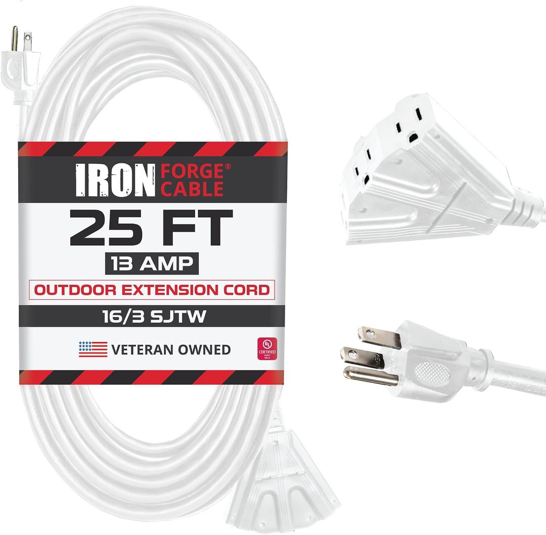Iron Forge Cable 16 Gauge White Extension Cord Multi Outlet, 25 Ft - SJTW | 16/3 SJTW Cable, 3 Grounded Outlets, Lighted End, 3 Prong Plug, 13 Amp - For Landscaping, Holiday Lights, Appliances