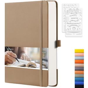 EMSHOI Dotted Notebook - 256 Pages A5 Dot Grid Journal Bullet Notebook with 120gsm Thick Dotted Paper,16 Perforated Pages, Hardcover Leather, Pen Holder, Inner Pocket, 5.75''  8.38''-Khaki