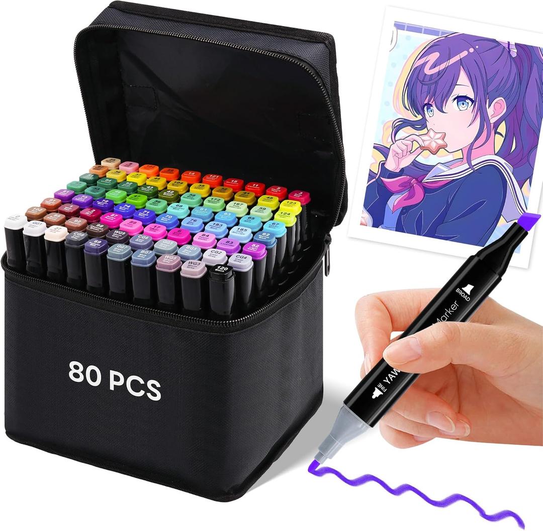 80 Colors Alcohol Markers Set, Dual Tip Art Pens, Alcohol-Based Marker for Kids & Adult Coloring, Drawing, Sketching, Vibrant No Bleeding Marker for Artists, Illustration Gifts