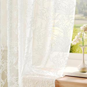 Anmao 3D Textured Floral & Leaves Pattern Semi-Sheer Lace Curtains 84 Inches Long 2 Panels Set- Rod Pocket Light Filtering Drapes with Privacy for Living Room & Bedroom, (52" W x 84" L), Cream