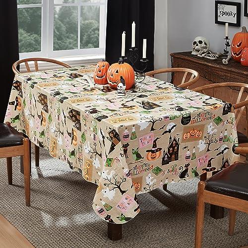 Newbridge Happy Halloween Witches Brew 60 x 84 Inch Rectangle Vinyl Tablecloth with Flannel Backing, Cute Ghost, Cat and Pumpkin Design, Easy Care Wipe Clean Halloween Table Cover