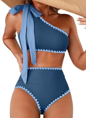 Herseas Women's One Bow Shoulder Bikini Sets 2 Piece Ruched Swimsuit Elegant Bathing Suit L