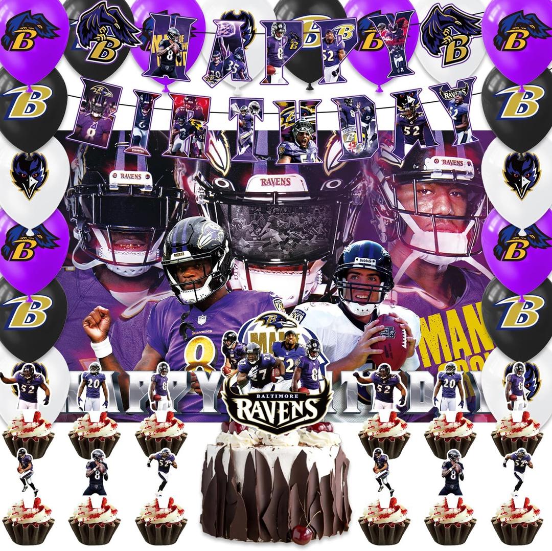 42pcs Baltimore Party Decoration Pack Includes，Banner，Cake Topper，Blackdrop,Balloons for Ravens party decoration