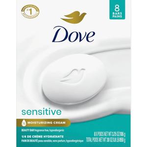 Dove Beauty Bar Soap Sensitive, 8 Bars for Sensitive Skin, Fragrance Free and Hypoallergenic 3.75 oz