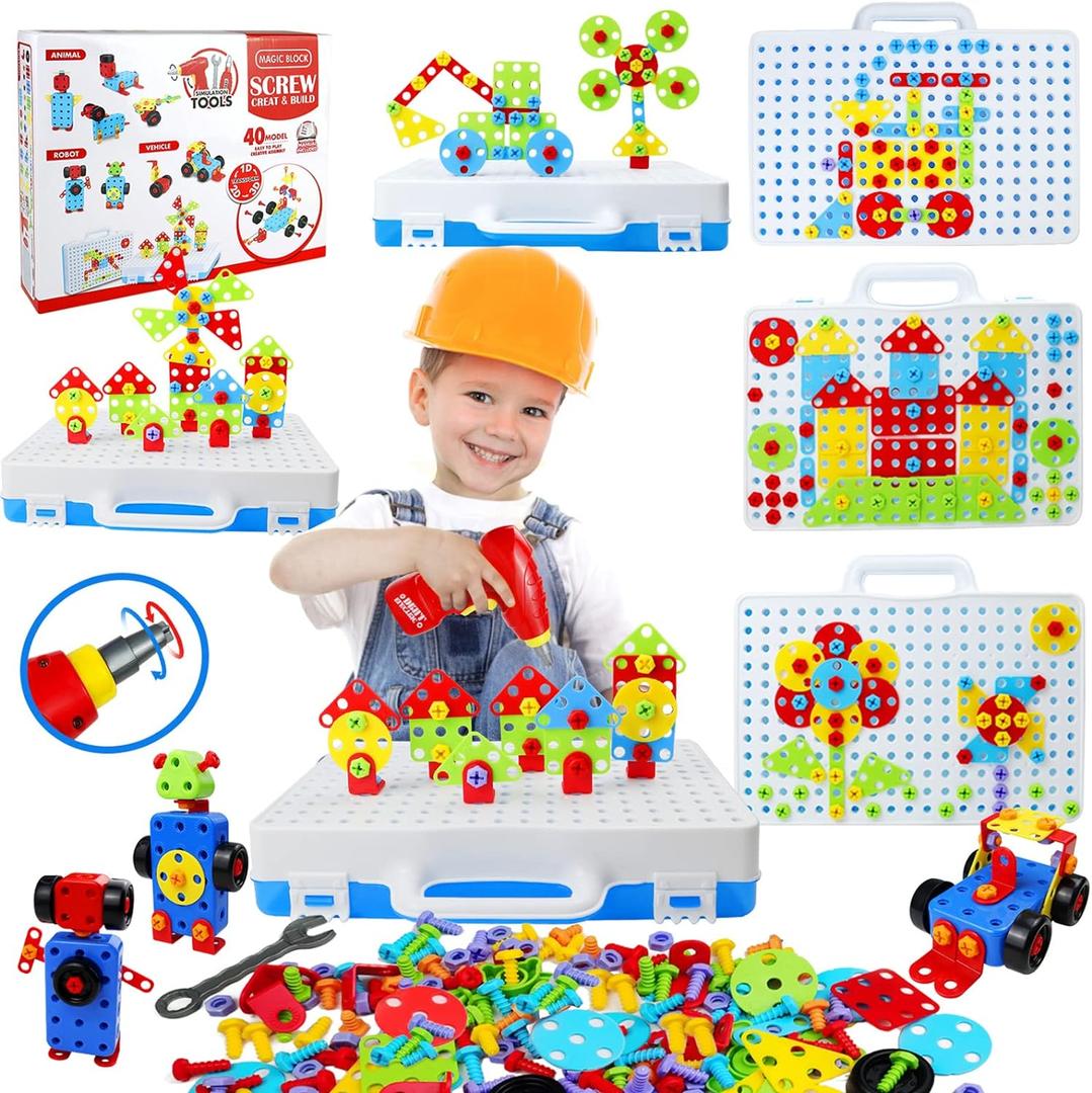 STEM Toys for 3 5 7 Year Old Boys Kids, 232 Pcs Kids Drill Set Building Blocks, DIY Educational Construction Engineering Toys, Creative Mosaic Electric Drill Set Gift for Kid Boys Girls Age 3-8 Years