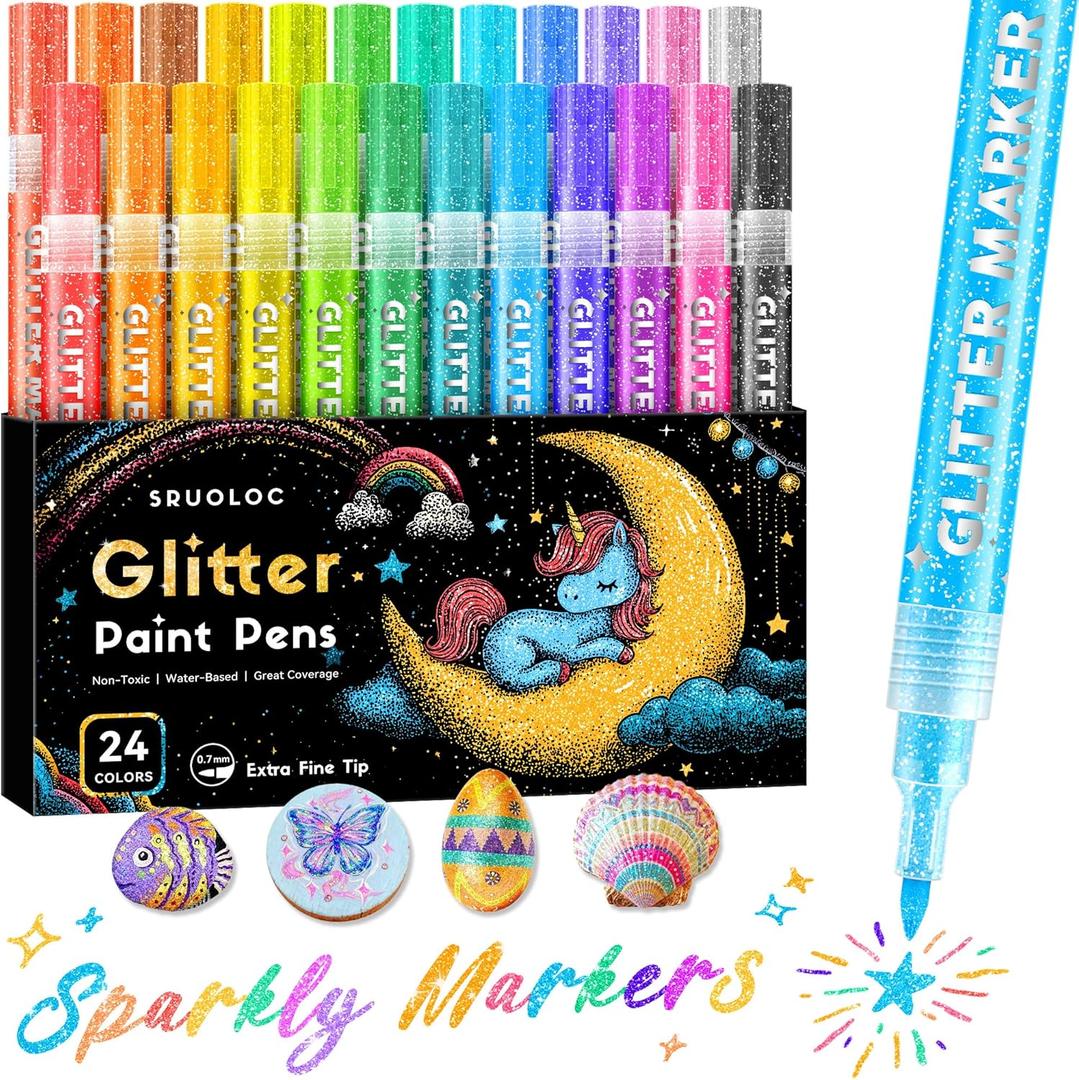 SRUOLOC Glitter Paint Pens, 24 Colors Glitter Markers Pens Set Acrylic Sparkle Markers Teen Art Supplies for Scrapbooking, Cards, DIY Crafts, Adults Coloring, Extra-Fine Tip 0.7mm