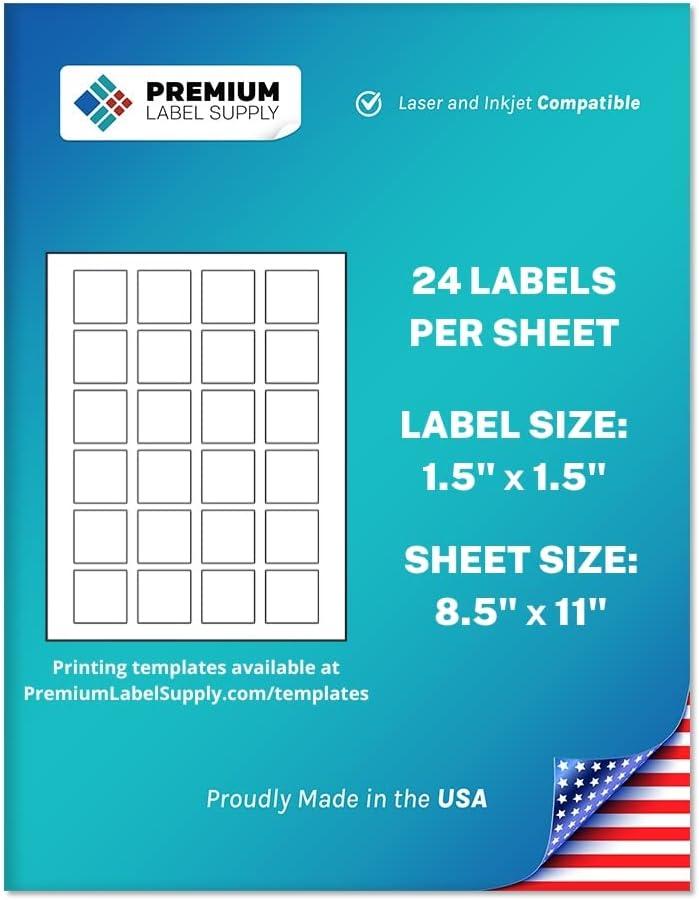 Premium Label Supply White Sticker Square Labels  1.5" x 1.5"  Laser/Inkjet Compatible  (24 per Sheet), 25 Sheets  600 Total Adhesive Labels