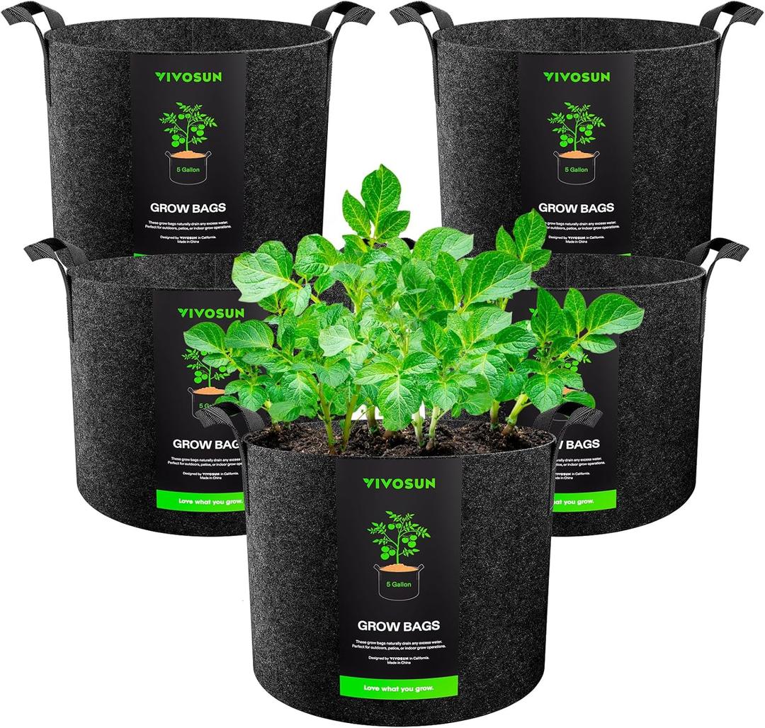 VIVOSUN 5-Pack 5 Gallon Grow Bags Heavy Duty 300G Thickened Nonwoven Plant Fabric Pots with Handles (5 Gallons, Black)