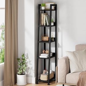 Narrow Ladder Shelf for Small Spaces - 5 Tier Thin Bookshelf Skinny Book Shelves Slim Bookshelves 60 inch Tall, Black (02B)