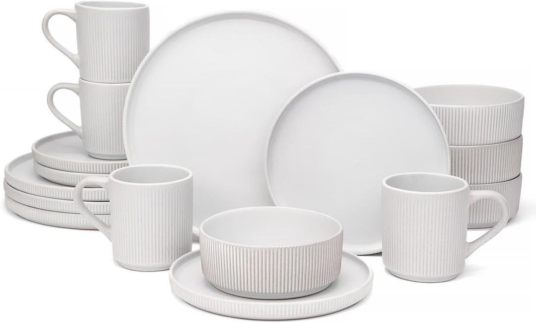 OTAGO 16-Piece Dinnerware Set for 4 with Mugs, Ribbed Stoneware Plates and Bowls Sets, Unique Handcrafted Reactive Glaze, Chip and Scratch Resistant Dish Set, Microwave & Dishwasher Safe, White