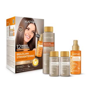 KATIVA Brazilian Keratin Straightening Kit - Alisado Brasileo Keratina + Potion 4 Heat Protectant Serum, Smoothing, Anti Frizz, Hyaluronic Acid, Argan Oil, Vegan, Up to 12 Weeks