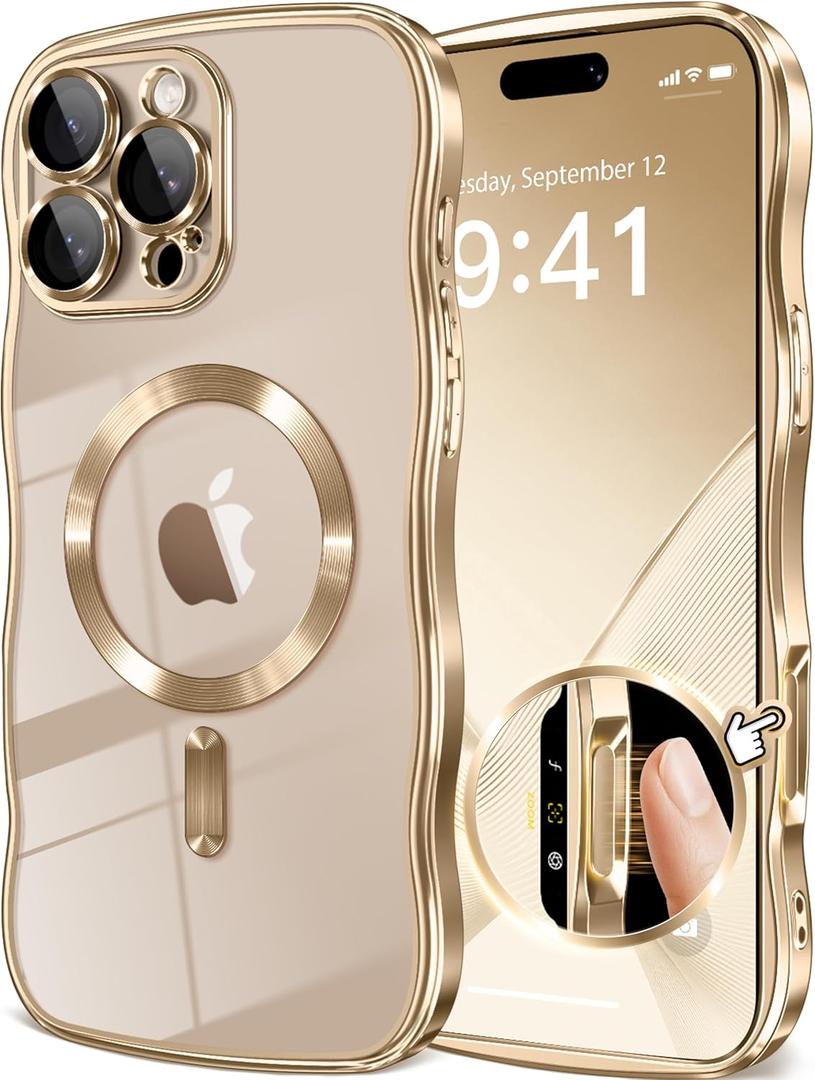 GVIEWIN for iPhone 16 Pro Case Compatible with MagSafe, Upgraded [Full Camera Protection][Cute Wave Frame][Military Grade Protection] Electroplated Soft Phone Cover for Women Girl, Clear/Gold