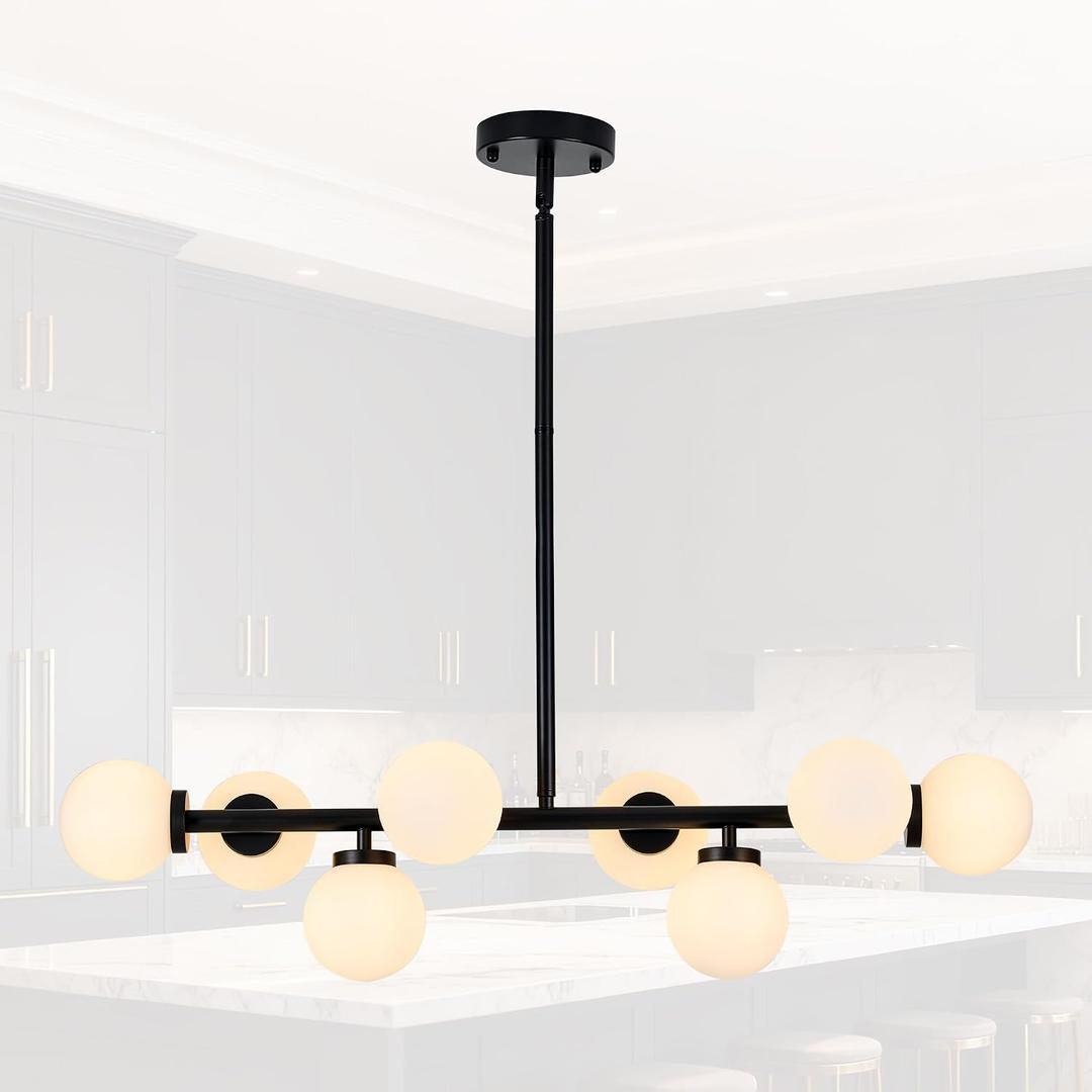 Chandelier Light Fixture Linear Chandelier Morder Black Milk Globe Glass 8 Lights Chandeliers for Dining Room Lighting Fixtures Hanging,