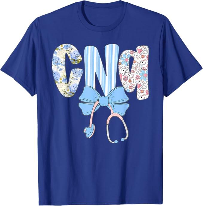 Coquette CNA Nurse Blue Floral Stethoscope Bow Cute Nurse T-Shirt, L