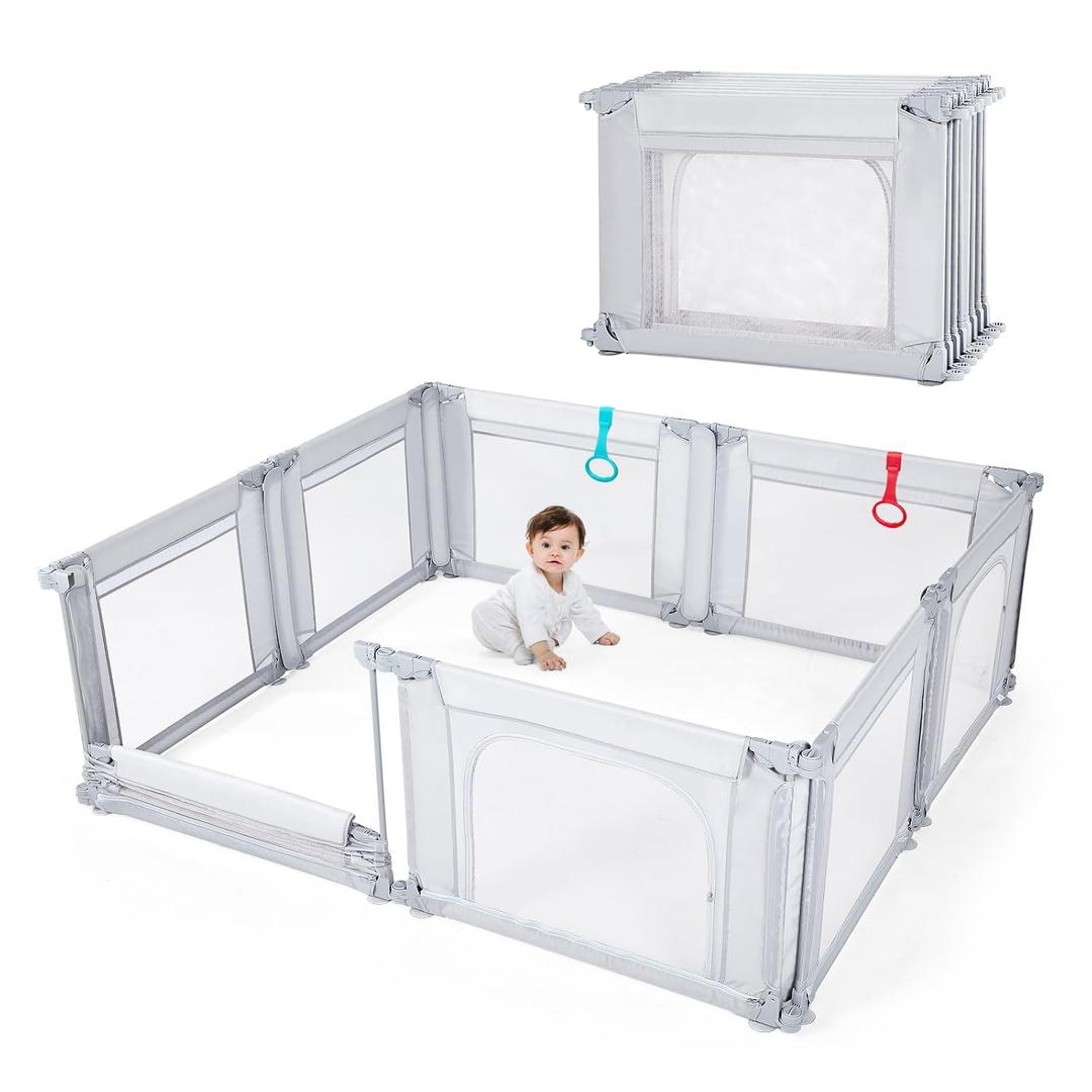 Doradotey Adjustable Baby Playpen with Adult Door, Foldable Large Playpen for Babies and Toddlers, Breathable Mesh Indoor Baby Playard, Safe Fence, 79 x 71 Inch, Light Grey