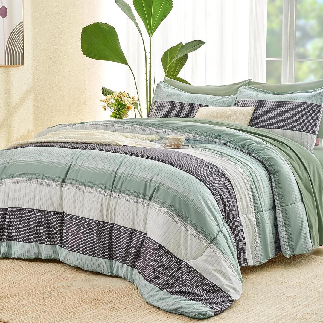 Andency Full Size Comforter Set Sage Green - 7 Pieces Green Striped Lightweight Bed in a Bag, Soft Reversible Bedding Set with Comforter, Fitted & Flat Sheet, Pillowcases & Shams