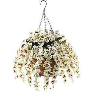 Artificial Silk Flowers in Hanging Basket Outdoor Indoor Patio Lawn Corridor Garden Decor, Fake Hanging Orchid in Basket, Hanging Orchid with 10-inch Coconut Lining Chain Palm Flowerpot(White)