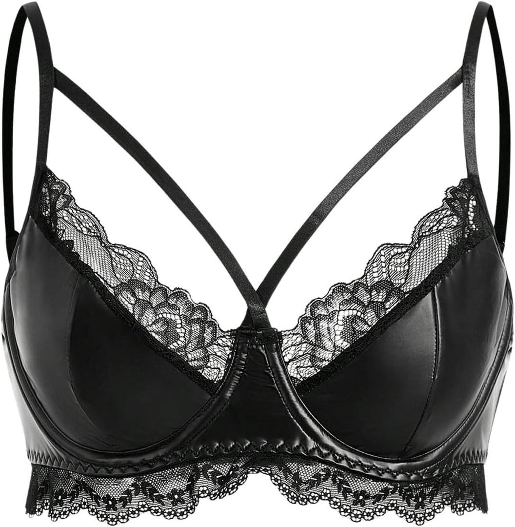 OYOANGLE Women's Leather Lace Trim Underwire Bra Lingerie Cut Out Strappy Push Up Goth Bralette (Medium, Black)