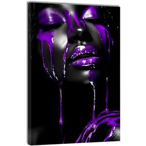 DOARTDO African American Woman Wall Art Purple Decor Canvas Prints Black Afro Woman Pictures Purple Girl Bedroom Living Room Modern Home Wall Decor Framed (16.00" x 24.00")