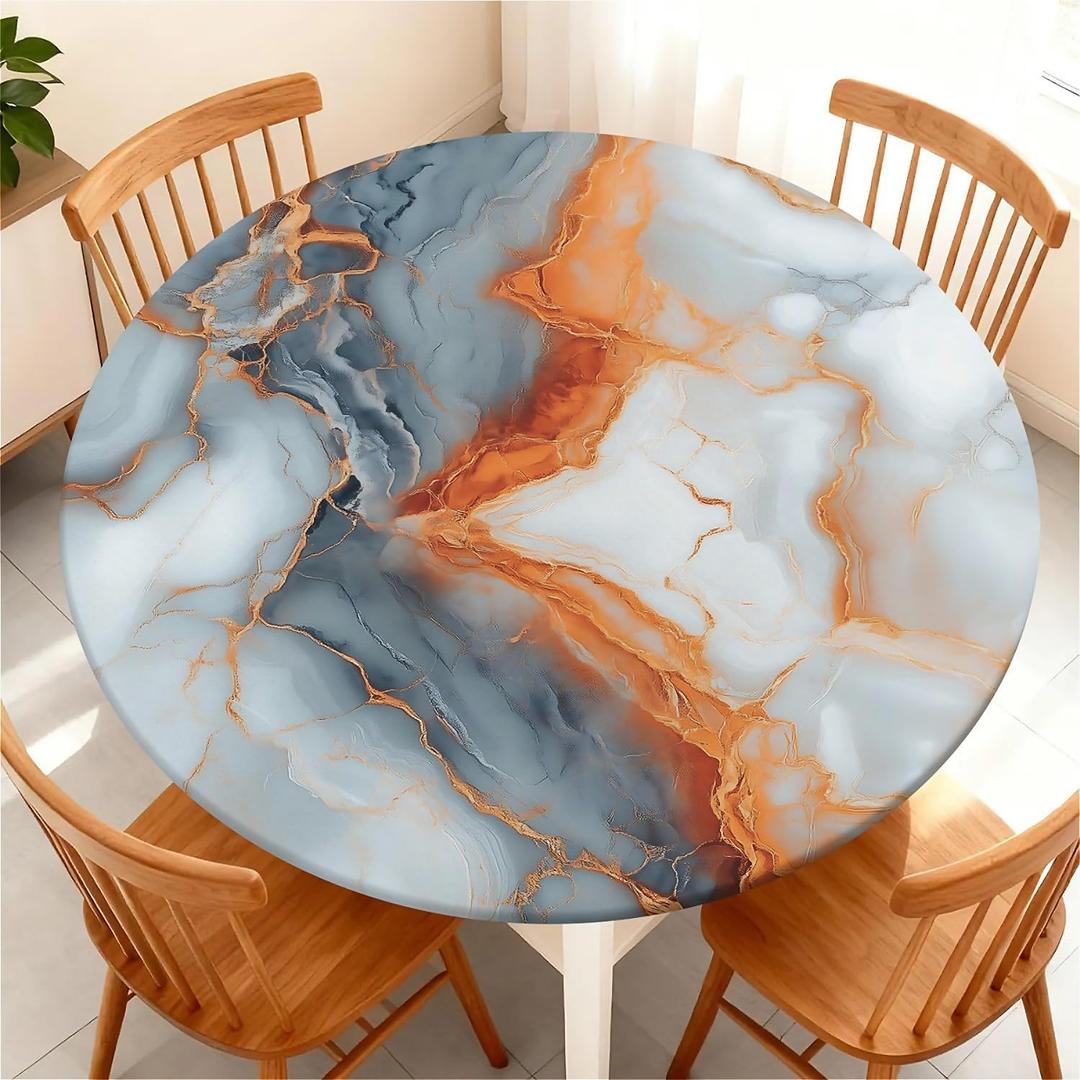 Waterproof Round Tablecloth with Elastic Edge, Fitted Round Table Cover Wipeable Summer Tablecover Fits Tables up to 32-36 for Kitchen Picnic Party, Orange Gray Marble