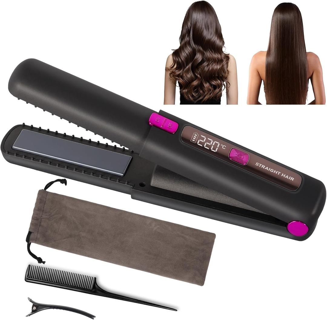 LAMA Portable 2 in 1 Travel Straightener and Curler, Cordless Hair Straightener 4500mAh, Rechargeable LCD Flat Iron, Mini Ceramic Curling Iron,USB Rechargeable Hot Tools, Black+Rose Red