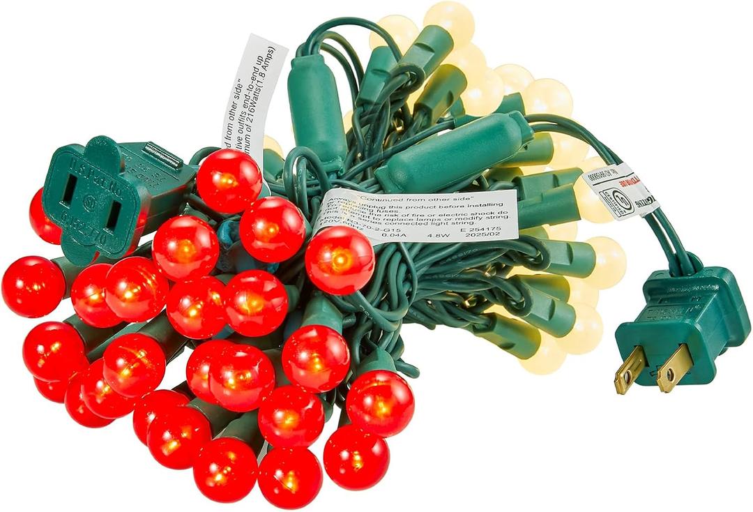 BOHON Red and White Christmas Lights 17FT 50 LED G15 Globe String Lights Outdoor Commercial Lighting Grade Tree Decorations for Indoor Xmas Decor, Green Wire, Waterproof