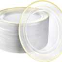 R-kay 100 Pack 10 Inch Clear And Gold Plastic Plates For Wedding - Sturdy Clear Gold Plastic Plates, Durable And Extra Heavy duty - Bulk Disposable Plates For Weddings